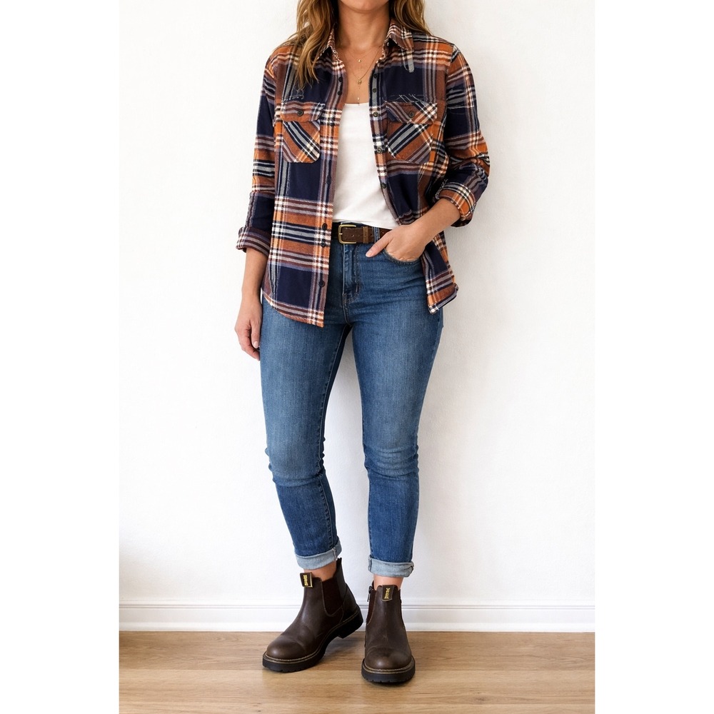 Duluth Trading Co Womens Small Orange Navy Plaid Free Swingin Flannel Shirt S‎